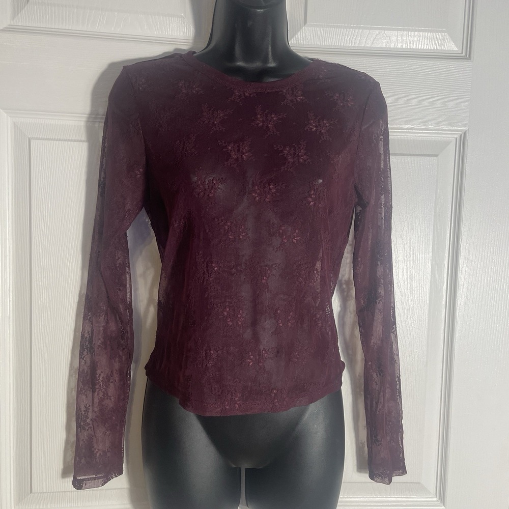 Vintage No Comment Mesh Shirt Women M Burgundy Sheer Floral Long Sleeve Grunge